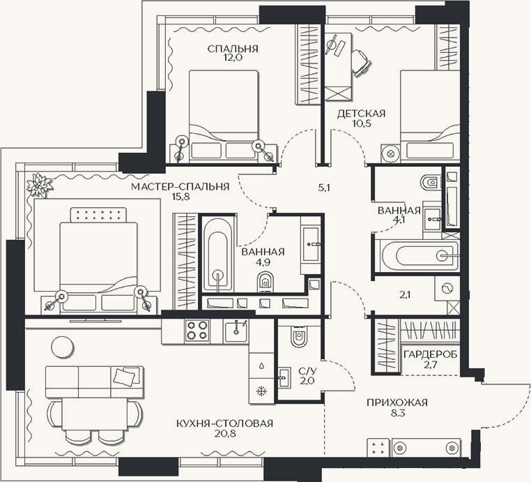 Планировка: 4+ к, 88,3 м²