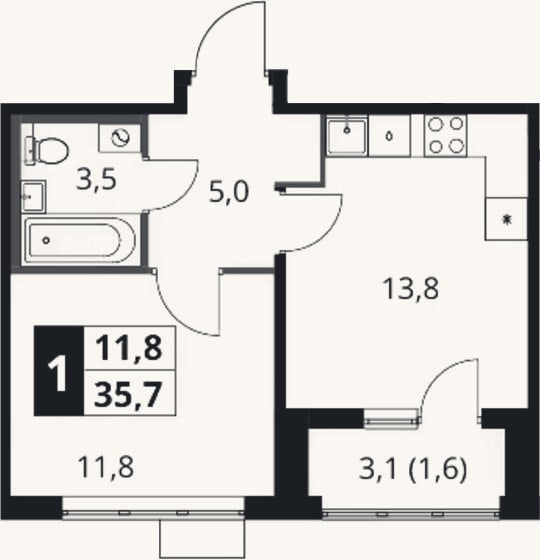 Планировка: 1-к, 34,1 м²