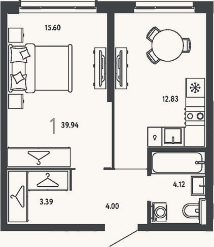 Планировка: 1-к, 39,9 м²