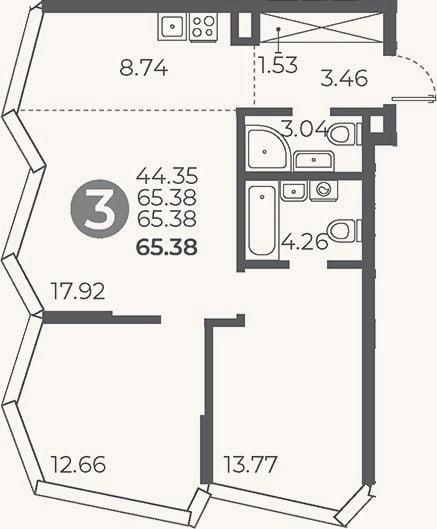 Планировка: 2-к, 65,4 м²