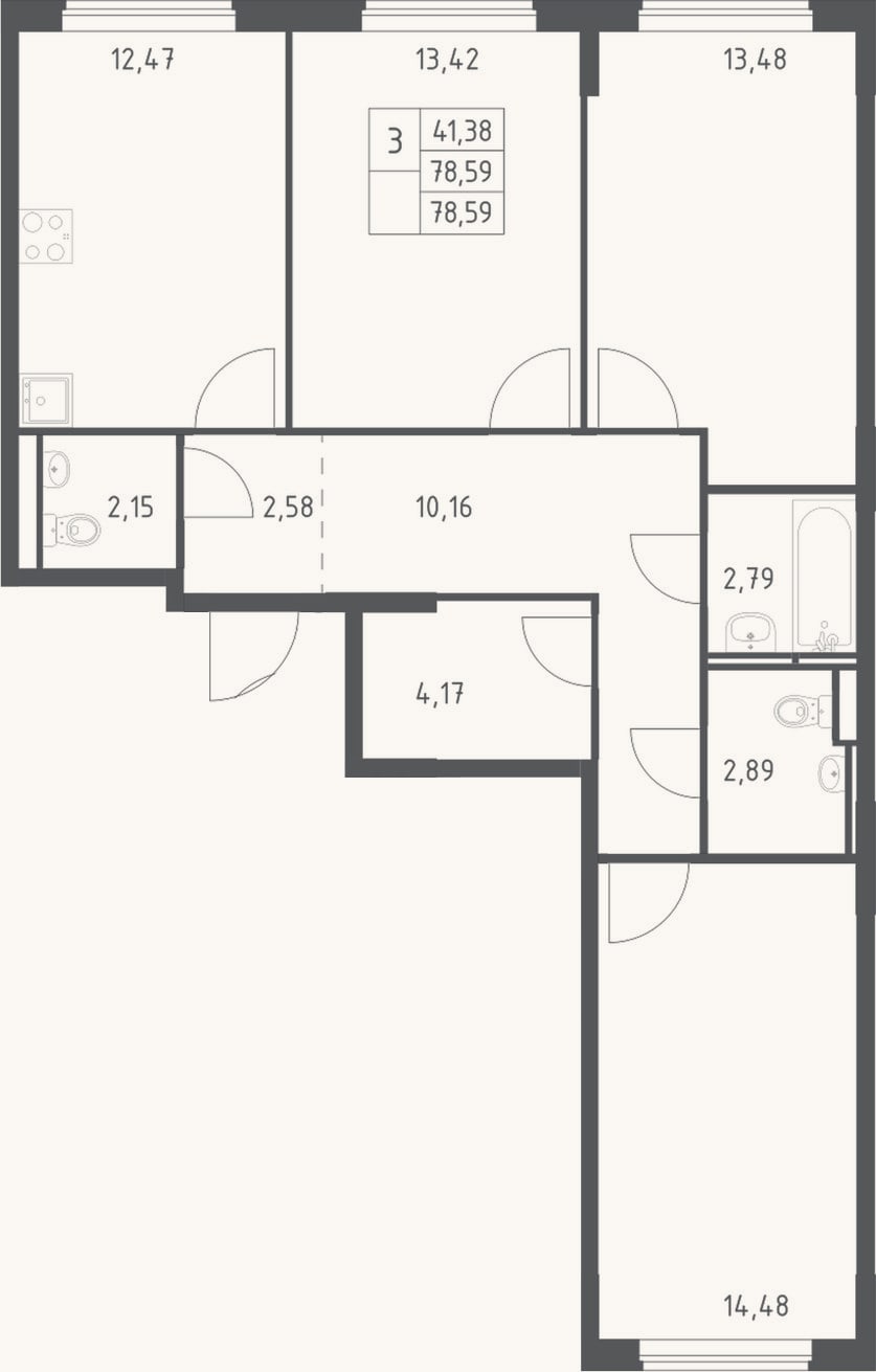 Планировка: 3-к, 78,6 м²