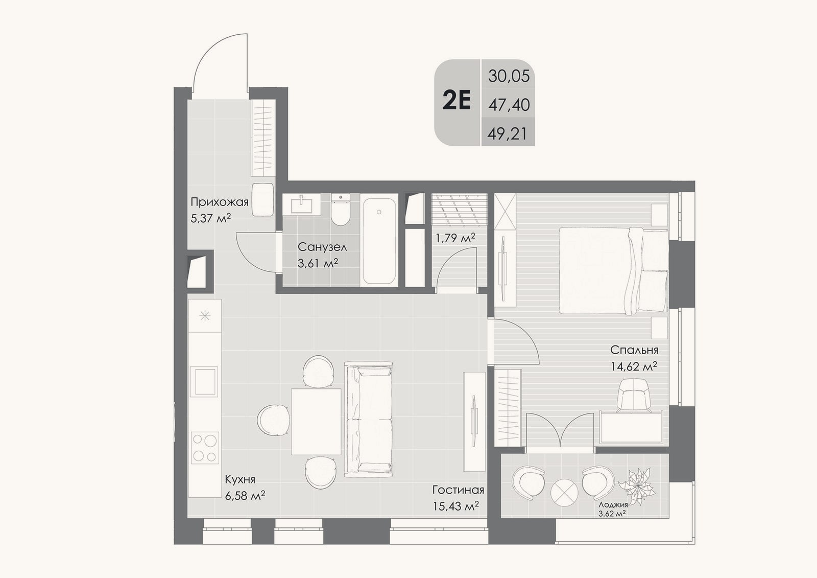 Планировка: 2-к, 47,4 м²