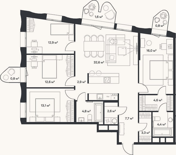 Планировка: 4+ к, 117,5 м²