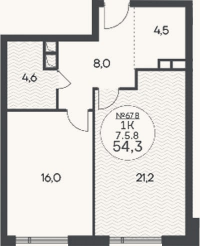 Планировка: 1-к, 54,3 м²