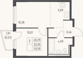 Планировка: 2-к, 32,9 м²