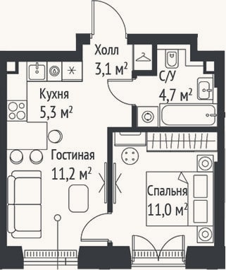 Планировка: 2-к, 35,2 м²