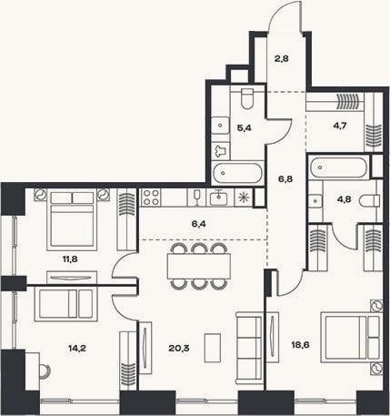 Планировка: 4+ к, 95,8 м²