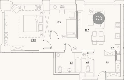 Планировка: 3-к, 75,3 м²
