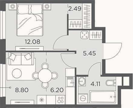 Планировка: 2-к, 39,1 м²