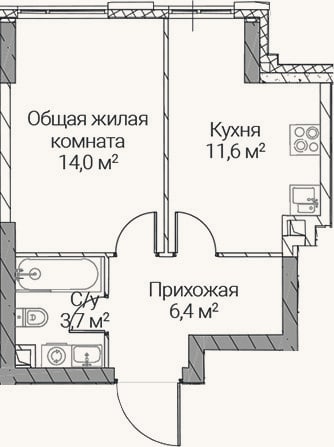 Планировка: 1-к, 35,7 м²