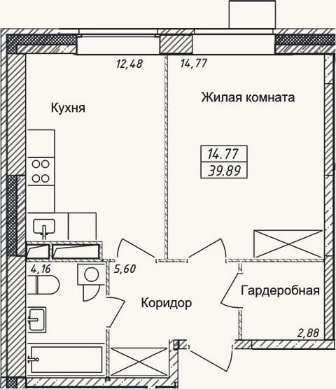 Планировка: 1-к, 39,9 м²