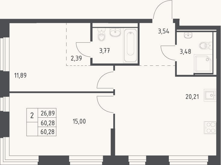 Планировка: 3-к, 60,3 м²