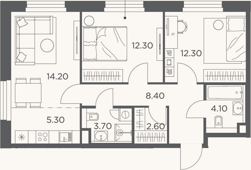 Планировка: 3-к, 62,9 м²