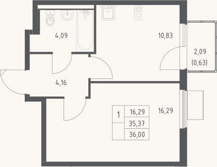 Планировка: 1-к, 35,4 м²