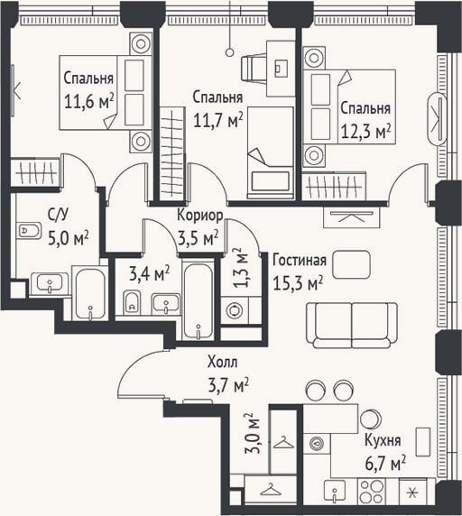 Планировка: 4+ к, 77,4 м²