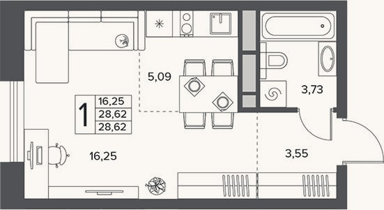 Планировка: Студия, 28,6 м²