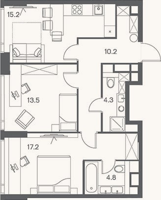 Планировка: 2-к, 65,2 м²