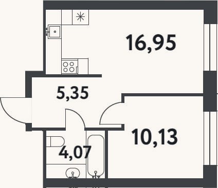 Планировка: 1-к, 36,5 м²