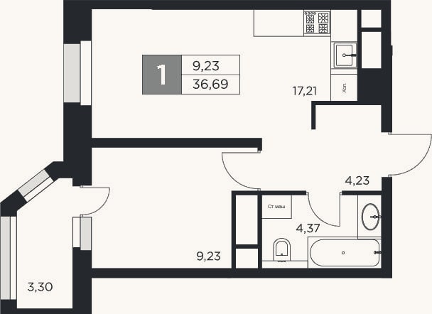 Планировка: 2-к, 35 м²