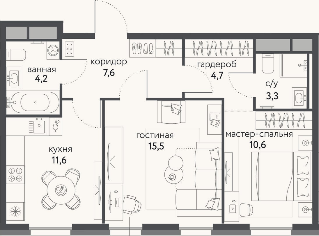 Планировка: 2-к, 57,5 м²