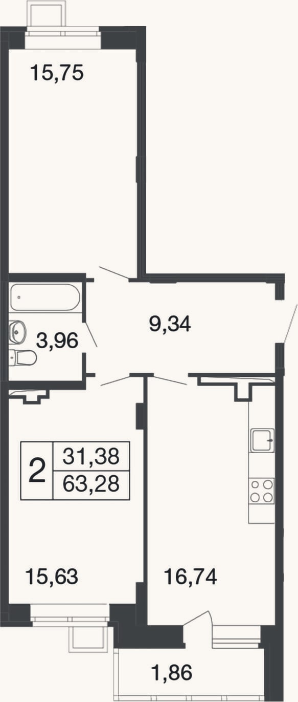Планировка: 2-к, 61,4 м²