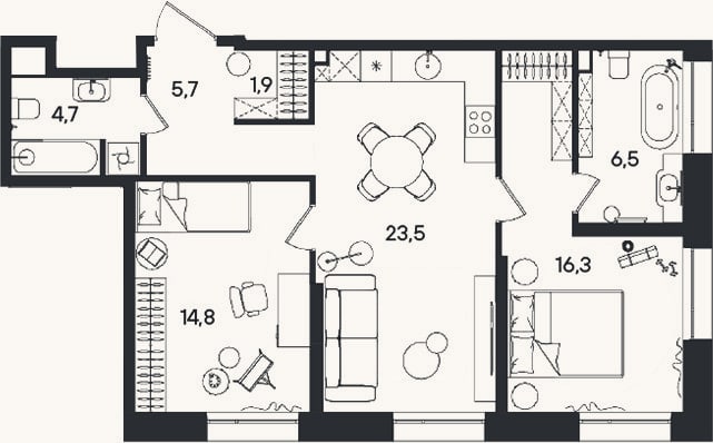 Планировка: 3-к, 73,4 м²