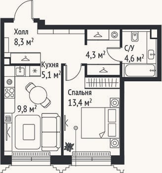 Планировка: 2-к, 45,5 м²