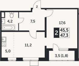Планировка: 2-к, 45,5 м²