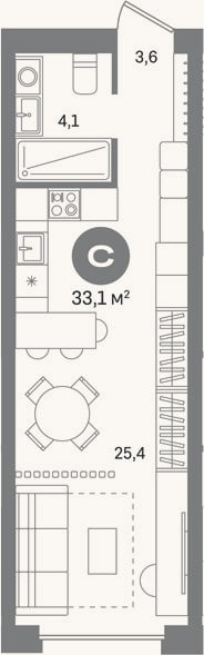 Планировка: Студия, 33,1 м²