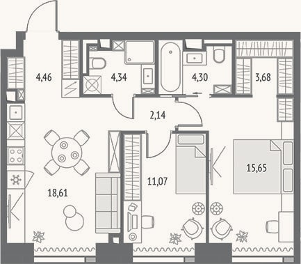 Планировка: 3-к, 64,3 м²
