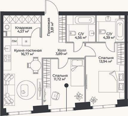 Планировка: 3-к, 63,7 м²