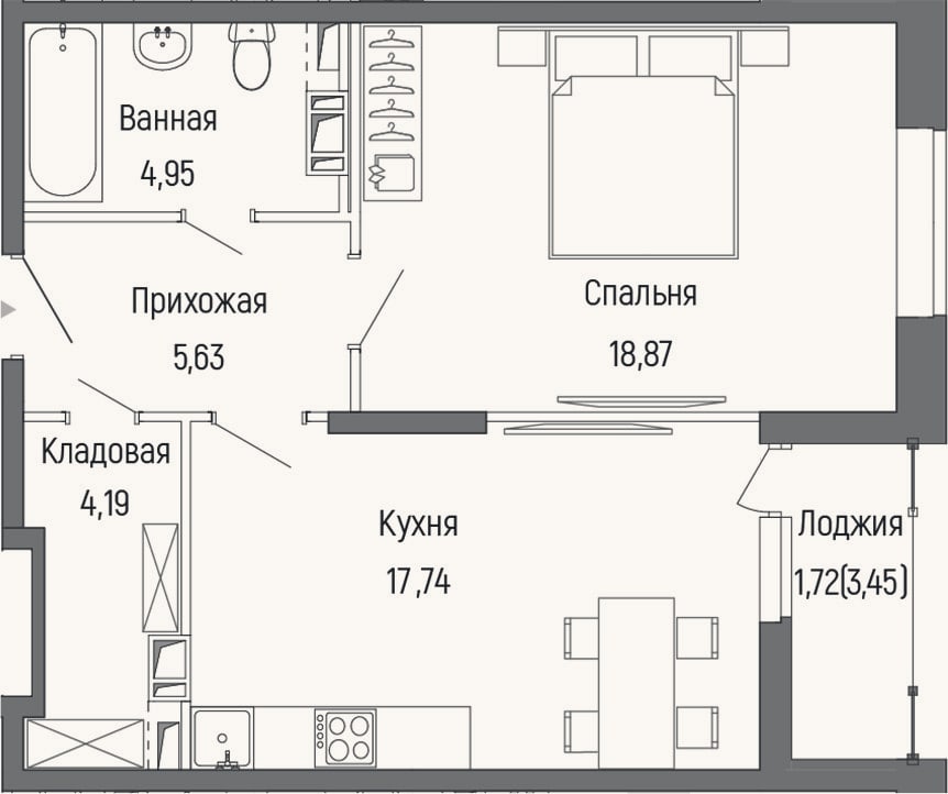 Планировка: 1-к, 51,4 м²