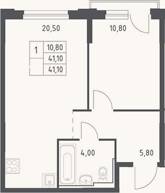 Планировка: 2-к, 41,1 м²