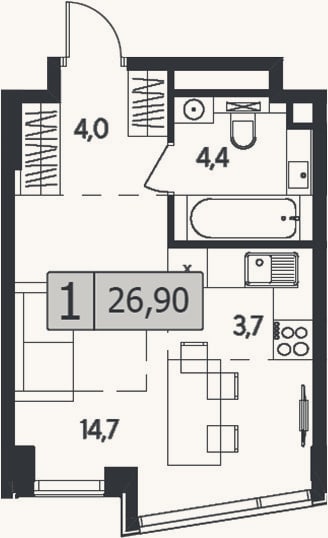 Планировка: Студия, 26,9 м²