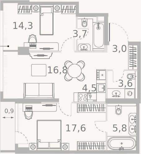 Планировка: 3-к, 71,6 м²