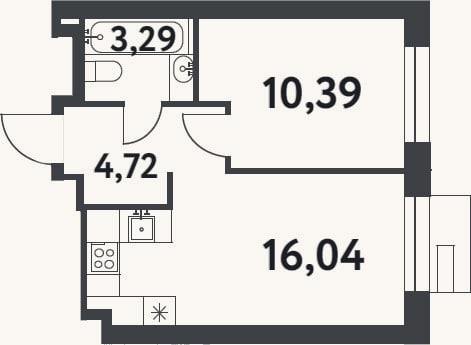 Планировка: 1-к, 34,4 м²
