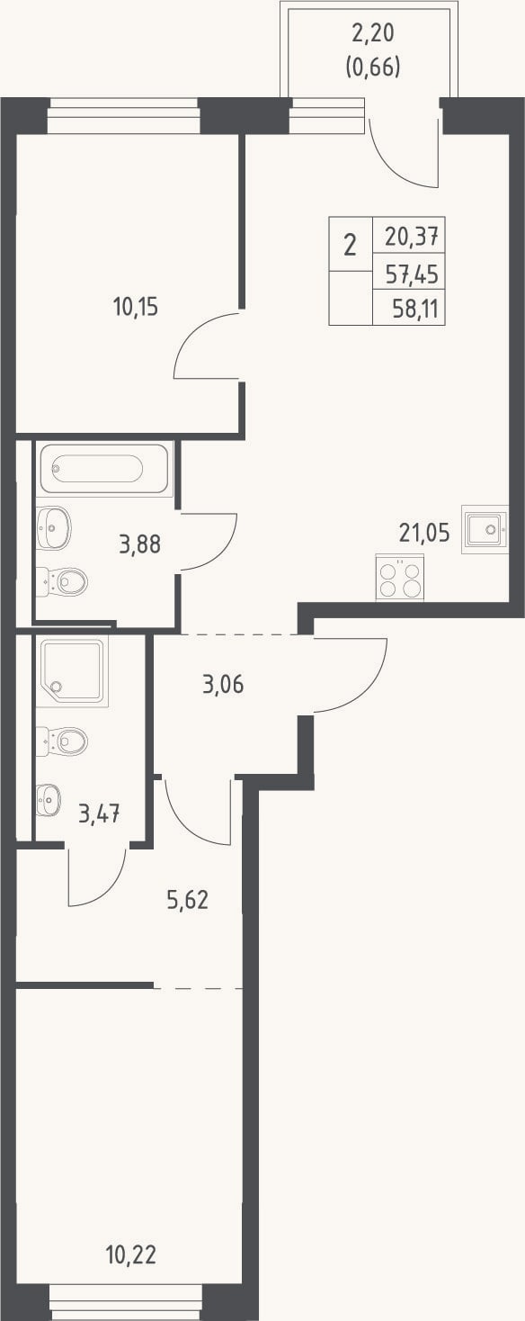 Планировка: 3-к, 57,5 м²