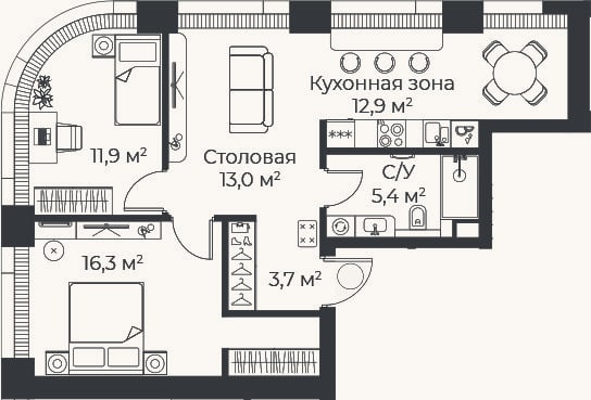 Планировка: 3-к, 63,2 м²