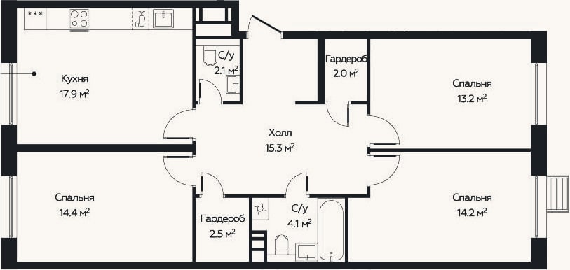 Планировка: 3-к, 83,6 м²