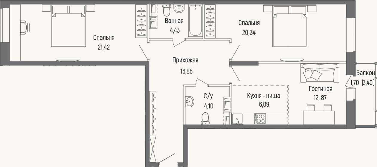 Планировка: 3-к, 86,1 м²