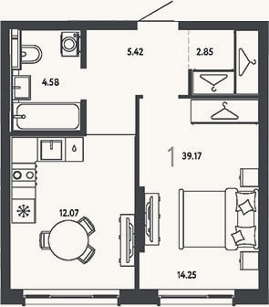 Планировка: 1-к, 39,2 м²
