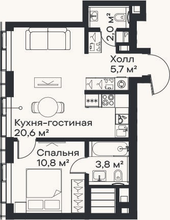 Планировка: 2-к, 42,9 м²