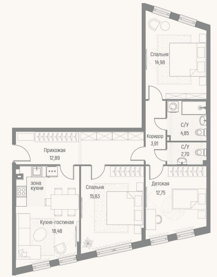 Планировка: 3-к, 86,4 м²