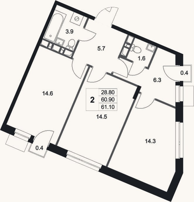 Планировка: 2-к, 60,9 м²