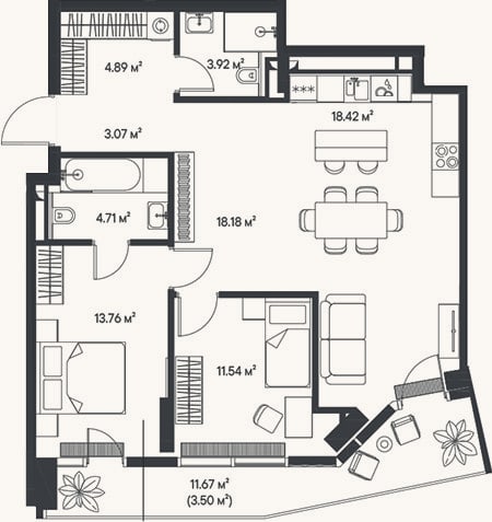 Планировка: 3-к, 78,5 м²