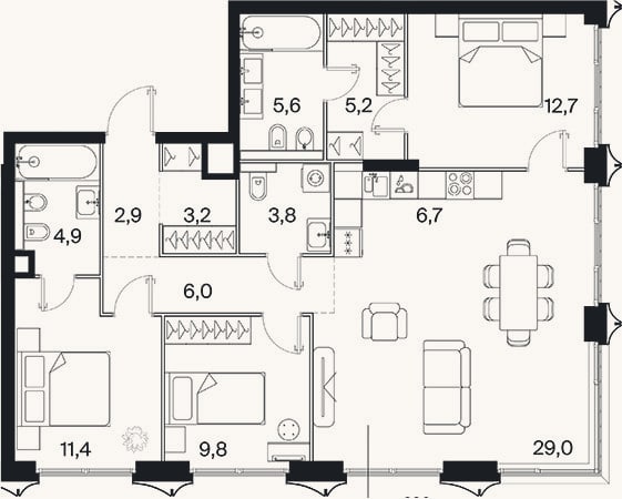 Планировка: 4+ к, 98,8 м²