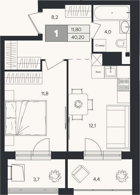 Планировка: 1-к, 36,2 м²