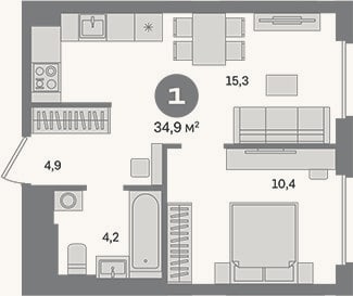 Планировка: 1-к, 34,9 м²