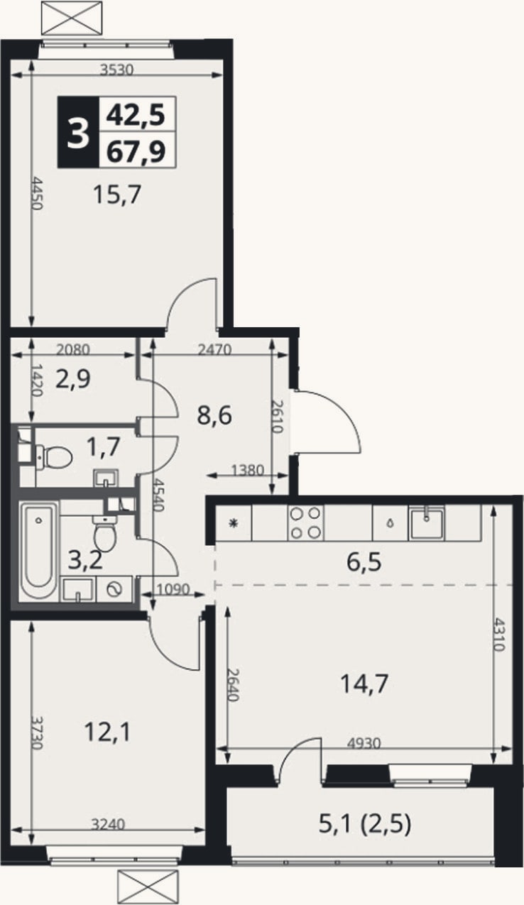 Планировка: 3-к, 65,4 м²