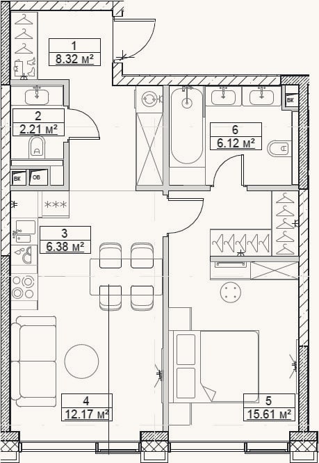 Планировка: 2-к, 50,8 м²